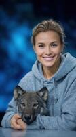 Smiling woman cuddles wolf pup on stage during a television broadcast in a cozy studio setting photo