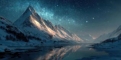 Mountains reflect in a tranquil river under a starry night sky in a snowy landscape photo