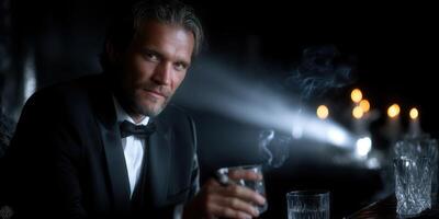 Elegant man enjoying a drink in a dimly lit bar at night surrounded by soft candlelight photo
