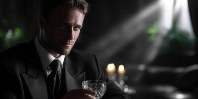 Elegant man in formal attire holds a crystal glass in a dimly lit room with candlelight photo