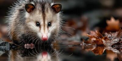 Opossum foraging near water in a forest during autumn photo