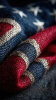 Close-up of intricately woven fabric displaying patriotic colors in a textured design suitable for various decor photo