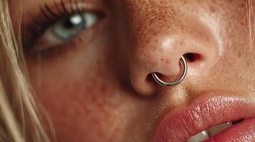Close-up view of a person with a nose ring showcasing detailed features and freckles against a warm background photo