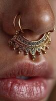 Beautiful close-up of intricate nose ring jewelry highlighting craftsmanship and design details photo