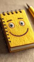 Bright yellow notebook with a smiley face design placed on a textured surface during morning light photo