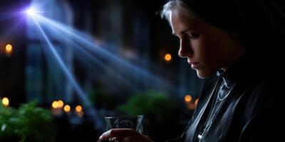 Mysterious woman in a dark setting holding a glass with soft light illuminating her face during a candlelit evening photo