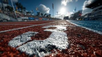 Track surface in bright light during an athletic event with spectators in the background photo