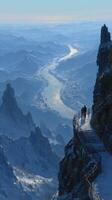 Couple walking along scenic mountain path overlooking a frozen river in winter twilight photo