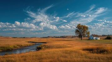 Rolling hills and a solitary house under a vast sky in a serene rural landscape at sunset photo