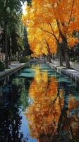 Vibrant autumn reflections in a serene canal surrounded by golden trees photo