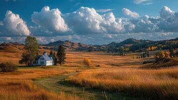 Vast golden fields surround a charming white house under a bright blue sky filled with fluffy clouds photo