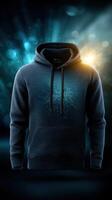 Stylish dark hoodie illuminated by blue and orange light in a dynamic abstract setting photo