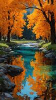 Fall colors reflect in a tranquil stream surrounded by vibrant orange trees in a serene landscape photo
