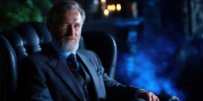 Man in tailored suit seated in an elegant chair surrounded by atmospheric lighting and smoke at nighttime photo