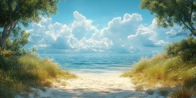 Beautiful coastal view with sandy beach and calm ocean under a brilliant sky photo