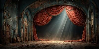 Abandoned theater stage with dramatic lighting in a decaying historic building photo