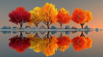 Colorful autumn trees reflecting on calm water during sunset near a rocky shore in a serene landscape photo
