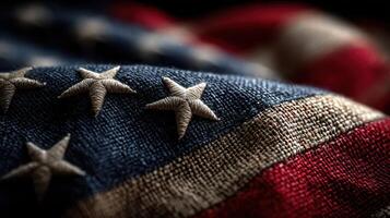 Detailed close-up of a textured American flag showcasing stars and stripes in rich colors photo
