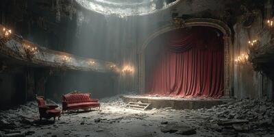 Abandoned theater features decayed interior with red velvet curtains and vintage furniture in a forgotten urban space photo