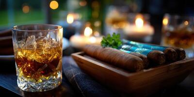 Relaxing evening with whiskey and cigars at a cozy outdoor setting photo