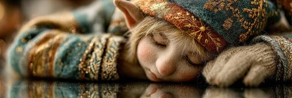 Sleepy elf doll with detailed clothing resting on a wooden surface in a cozy indoor setting photo