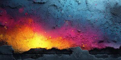 Vibrant abstract wall art with a gradient of colors and textures in an urban setting at dusk photo