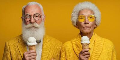 Elderly couple enjoying ice cream in bright yellow attire against a vibrant background photo