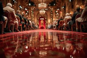 Elegant gathering in a luxurious hall with ornate decorations and warm lighting during an evening ceremony photo