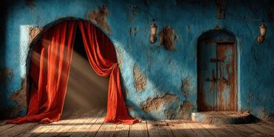 Rustic interior with blue walls, red curtains, and wooden floor highlighting warm sunlight in a historic setting photo