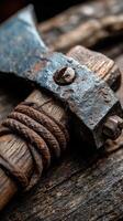Detailed view of a rustic axe resting on weathered wood in a workshop setting photo