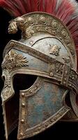 Ancient Roman gladiator helmet with intricate design and vibrant crest displayed against black background photo