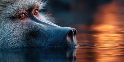 Baboon resting in water at sunset with glowing reflections creating a tranquil atmosphere photo