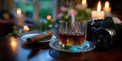 Evening relaxation with whiskey, cigar, candlelight, and photography setup in a cozy atmosphere photo