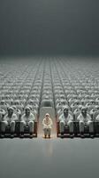 Individual seated among a sea of identical figures in a stark, oversized auditorium photo