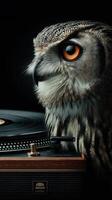 Owl listens intently to vinyl records, capturing a blend of nature and music in a dark setting photo