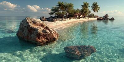 Tropical paradise with clear water, sandy beach, and palm trees under a bright sky in a tranquil setting photo