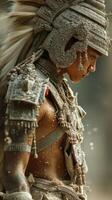 Warrior adorned in intricate armor during a ceremonial event captured in a vibrant setting photo