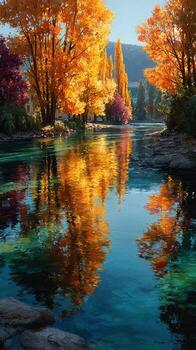 Vibrant autumn reflections in a tranquil river surrounded by colorful trees at sunset photo