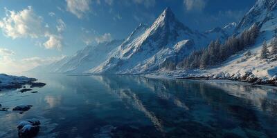 Snow-covered mountains reflect in calm waters during a serene winter morning by a tranquil lake photo