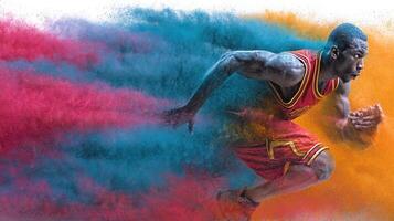 Dynamic basketball player running with vibrant colored dust clouds during an intense game in an indoor arena in the evening photo