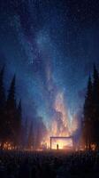 Nighttime outdoor gathering features a captivating starry sky and a large screen with a vibrant display photo