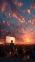 Outdoor movie screening at sunset with colorful clouds over a city skyline photo