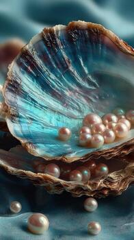 Shimmering pearls nestled in an iridescent oyster shell against a soft blue backdrop photo