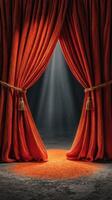 Dark stage illuminated by beams of light shining through bright orange curtains photo