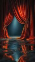 Rich red curtains part to reveal a spotlight illuminating a polished stage in an intimate theater setting at night photo