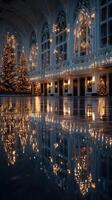 Stunning holiday decor with illuminated trees and reflections in a grand indoor setting photo
