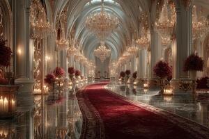 Luxurious ballroom adorned with chandeliers and floral arrangements during an elegant evening event photo