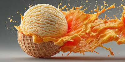 Delicious scoop of ice cream splashing orange sauce with energetic movement and vibrant colors photo