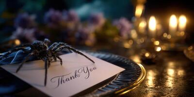 Thank you card placed on a silver platter with a decorative spider and lit candles in an atmospheric setting photo