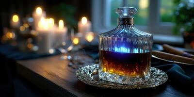 Warm ambiance created by candlelight and a vintage glass decanter filled with amber liquid on a wooden table near a window at dusk photo